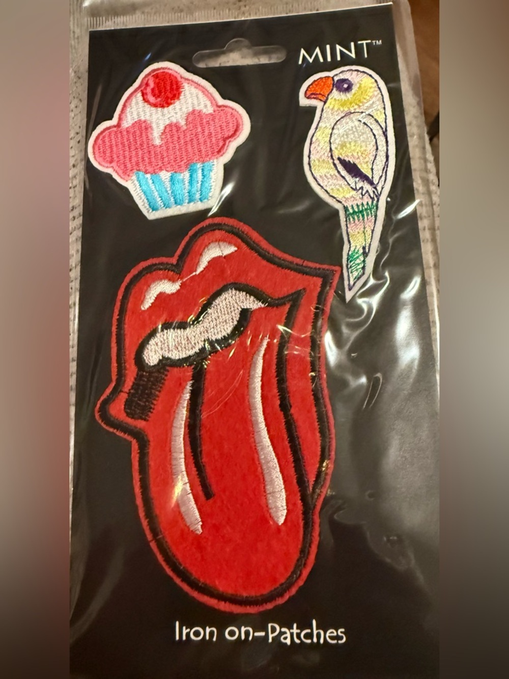 Mint Red Tongue, Pink Cupcake & Multicolor Parrot Iron-On Patches